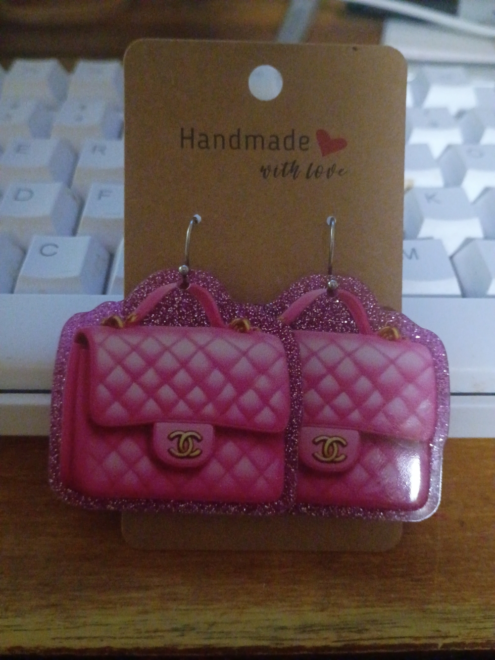Handmade Pink Quilted Glitter Designer Purse Fashion Earrings